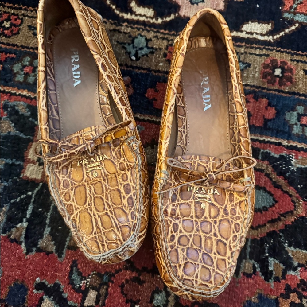 Prada Women's Tan Croc-Embossed Loafers size 38